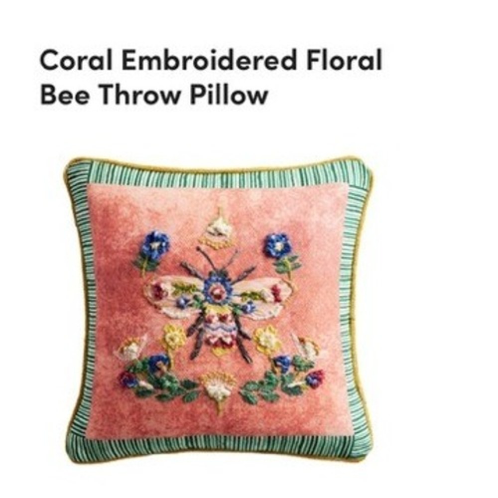 World Market Embroidered Bee Floral Throw Pillow Pink Green Eclectic Decor